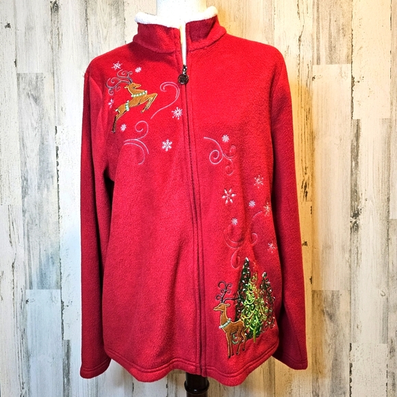 breckenridge Sweaters - Breckenridge Women's Large Red Fleece Christmas Jacket Sherpa Collar Embroidered